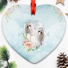 Cute Little Maltese With Flowers Ornament (heart) by FantasyWorld7