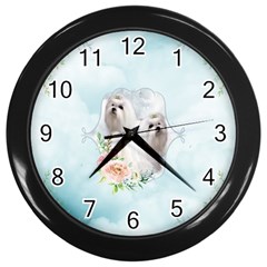 Cute Little Maltese With Flowers Wall Clock (black) by FantasyWorld7