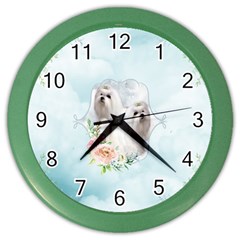 Cute Little Maltese With Flowers Color Wall Clock by FantasyWorld7