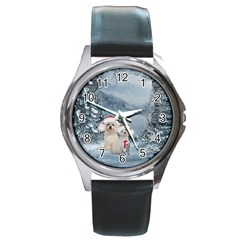 Christmas, Cute Dogs And Squirrel With Christmas Hat Round Metal Watch by FantasyWorld7