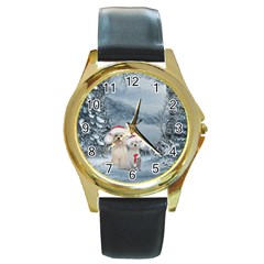 Christmas, Cute Dogs And Squirrel With Christmas Hat Round Gold Metal Watch by FantasyWorld7