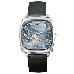 Christmas, Cute Dogs And Squirrel With Christmas Hat Square Metal Watch by FantasyWorld7