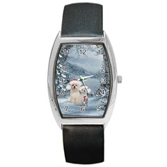 Christmas, Cute Dogs And Squirrel With Christmas Hat Barrel Style Metal Watch by FantasyWorld7