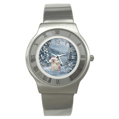 Christmas, Cute Dogs And Squirrel With Christmas Hat Stainless Steel Watch by FantasyWorld7