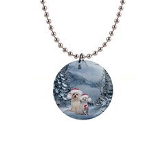 Christmas, Cute Dogs And Squirrel With Christmas Hat 1  Button Necklace by FantasyWorld7