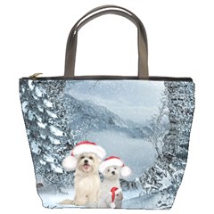 Christmas, Cute Dogs And Squirrel With Christmas Hat Bucket Bag by FantasyWorld7