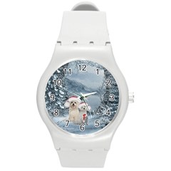 Christmas, Cute Dogs And Squirrel With Christmas Hat Round Plastic Sport Watch (m) by FantasyWorld7