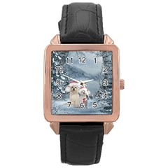 Christmas, Cute Dogs And Squirrel With Christmas Hat Rose Gold Leather Watch  by FantasyWorld7