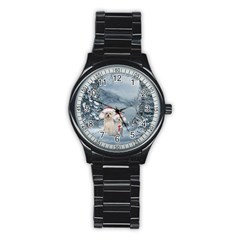 Christmas, Cute Dogs And Squirrel With Christmas Hat Stainless Steel Round Watch by FantasyWorld7