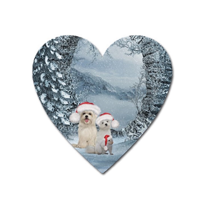 Christmas, Cute Dogs And Squirrel With Christmas Hat Heart Magnet