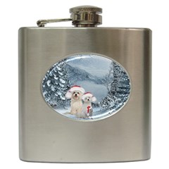 Christmas, Cute Dogs And Squirrel With Christmas Hat Hip Flask (6 Oz) by FantasyWorld7