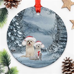 Christmas, Cute Dogs And Squirrel With Christmas Hat Round Ornament (two Sides) by FantasyWorld7