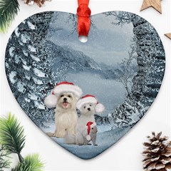 Christmas, Cute Dogs And Squirrel With Christmas Hat Heart Ornament (two Sides) by FantasyWorld7