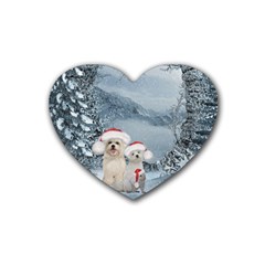 Christmas, Cute Dogs And Squirrel With Christmas Hat Rubber Coaster (heart)  by FantasyWorld7