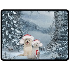 Christmas, Cute Dogs And Squirrel With Christmas Hat Fleece Blanket (large)  by FantasyWorld7