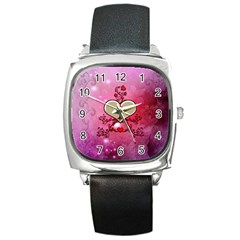 Wonderful Hearts With Floral Elements Square Metal Watch by FantasyWorld7