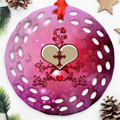 Wonderful Hearts With Floral Elements Ornament (round Filigree) by FantasyWorld7