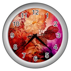 Flower Power, Colorful Floral Design Wall Clock (silver) by FantasyWorld7