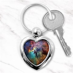 Lagoon Nebula Interstellar Cloud Pastel Pink, Turquoise And Yellow Stars Key Chains (heart)  by genx