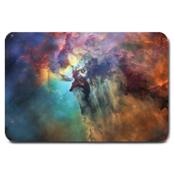 Lagoon Nebula Interstellar Cloud Pastel pink, turquoise and yellow stars Large Doormat 