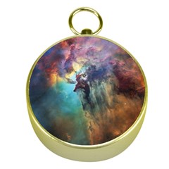 Lagoon Nebula Interstellar Cloud Pastel Pink, Turquoise And Yellow Stars Gold Compasses by genx