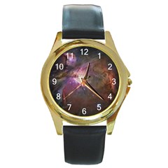 Orion Nebula Star Formation Orange Pink Brown Pastel Constellation Astronomy Round Gold Metal Watch by genx