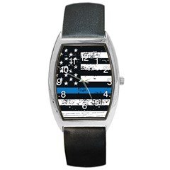 Usa Flag The Thin Blue Line I Back The Blue Usa Flag Grunge On Black Background Barrel Style Metal Watch by snek