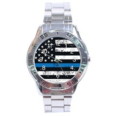 Usa Flag The Thin Blue Line I Back The Blue Usa Flag Grunge On Black Background Stainless Steel Analogue Watch by snek