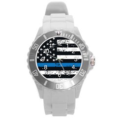 Usa Flag The Thin Blue Line I Back The Blue Usa Flag Grunge On Black Background Round Plastic Sport Watch (l) by snek