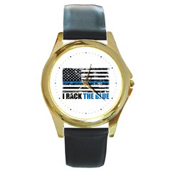 I Back The Blue The Thin Blue Line With Grunge Us Flag Round Gold Metal Watch by snek