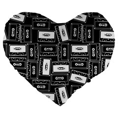 Tape Cassette 80s Retro GenX Pattern black and White Large 19  Premium Heart Shape Cushions