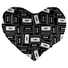 Tape Cassette 80s Retro GenX Pattern black and White Large 19  Premium Flano Heart Shape Cushions