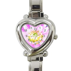 Pretty Pink, White And Yellow Cactus Dahlia Macro Heart Italian Charm Watch by myrubiogarden