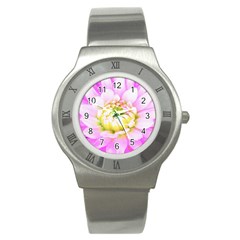 Pretty Pink, White And Yellow Cactus Dahlia Macro Stainless Steel Watch by myrubiogarden