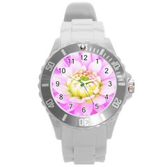 Pretty Pink, White And Yellow Cactus Dahlia Macro Round Plastic Sport Watch (l) by myrubiogarden