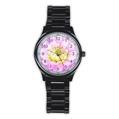 Pretty Pink, White And Yellow Cactus Dahlia Macro Stainless Steel Round Watch by myrubiogarden