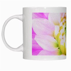 Pretty Pink, White And Yellow Cactus Dahlia Macro White Mugs by myrubiogarden