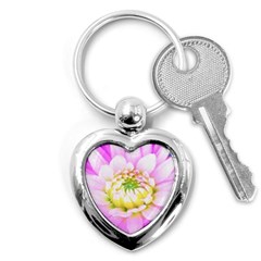 Pretty Pink, White And Yellow Cactus Dahlia Macro Key Chains (heart)  by myrubiogarden