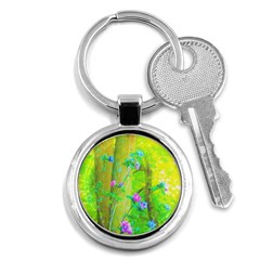 Hot Pink Abstract Rose Of Sharon On Bright Yellow Key Chains (round)  by myrubiogarden