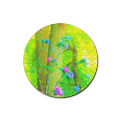 Hot Pink Abstract Rose Of Sharon On Bright Yellow Rubber Round Coaster (4 Pack)  by myrubiogarden