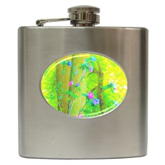 Hot Pink Abstract Rose Of Sharon On Bright Yellow Hip Flask (6 Oz) by myrubiogarden