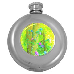 Hot Pink Abstract Rose Of Sharon On Bright Yellow Round Hip Flask (5 Oz) by myrubiogarden