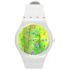 Hot Pink Abstract Rose Of Sharon On Bright Yellow Round Plastic Sport Watch (m) by myrubiogarden