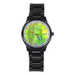 Hot Pink Abstract Rose Of Sharon On Bright Yellow Stainless Steel Round Watch by myrubiogarden