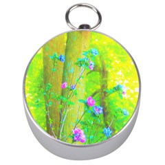 Hot Pink Abstract Rose Of Sharon On Bright Yellow Silver Compasses by myrubiogarden