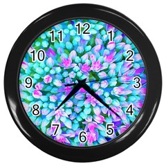 Blue And Hot Pink Succulent Sedum Flowers Detail Wall Clock (black) by myrubiogarden