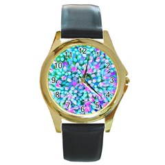 Blue And Hot Pink Succulent Sedum Flowers Detail Round Gold Metal Watch by myrubiogarden