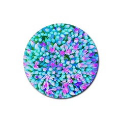 Blue And Hot Pink Succulent Sedum Flowers Detail Rubber Coaster (round)  by myrubiogarden