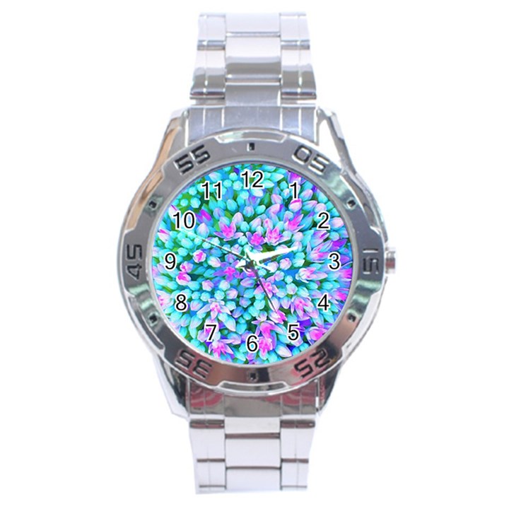 Blue And Hot Pink Succulent Sedum Flowers Detail Stainless Steel Analogue Watch