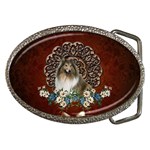 Cute Collie With Flowers On Vintage Background Belt Buckles Front